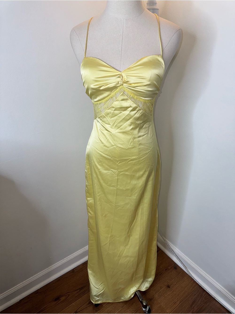 Peppermayo Women’s 4 Yellow Lemon Dream Sight Lace Satin Maxi Dress